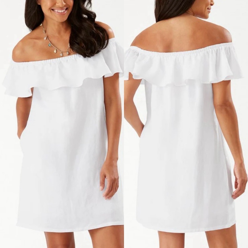 Tommy Bahama Linen Dye Off the Shoulder Dress, White, Medium - Picture 2 of 16